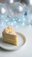 Birthday cake slice with lit candle on white plate against festive balloon backdrop with sparkling lights for celebration party dessert concepts.