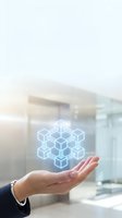 Businesswoman holding a glowing blockchain network hologram above her palm in a modern office, symbolizing digital innovation and technology.