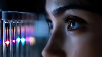 Close up of young Asian woman's eye with laboratory test tubes in background creating colorful bokeh effect, representing scientific research and discovery.