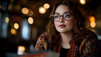 Young Caucasian woman with wavy brown hair wearing glasses and vintage sweater gazes thoughtfully in warm evening ambiance with bokeh lights creating atmospheric mood.