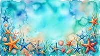 Watercolor ocean frame with colorful starfish, seashells and coral creating decorative border on turquoise blue background for summer marine design projects.
