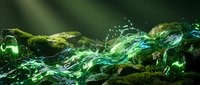 Crystal clear mountain stream flowing over moss-covered rocks with sunlight filtering through forest creating magical emerald and blue water reflections.