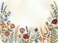 Vintage botanical border with roses, lavender, wheat, and wildflowers on cream background. Isolated design element suitable for wedding invitations, stationery, and decorative projects.