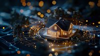 Glowing miniature house model surrounded by digital network circles and light effects on dark background with bokeh. Smart home technology concept.