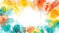 Vibrant tropical watercolor frame with palm leaves and paint splatters on white background for summer designs and creative projects.