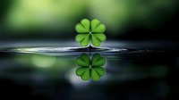Four-leaf clover floating on calm water surface with mirror reflection creating symmetrical nature composition against dark background with bokeh effect.