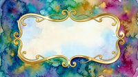 Ornate golden frame with decorative scrollwork on vibrant watercolor background featuring rainbow colors. Isolated design element suitable for invitations, cards, posters, and digital projects.