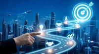 Business hand pointing at glowing digital pathway with target icon leading through futuristic city skyline representing strategic planning and goal achievement.