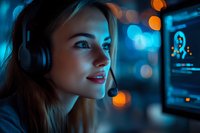 Young woman gamer with headset playing video games in neon-lit room with blue and orange bokeh lights creating atmospheric gaming environment.