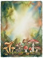 Watercolor forest floor scene with golden chanterelle mushrooms, red toadstools, and delicate ferns surrounded by soft green and earthy tones, ideal for nature illustrations and woodland designs.