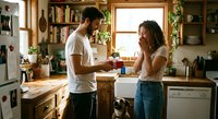 Young couple sharing morning coffee in cozy kitchen with wooden shelves and plants creating intimate domestic moment for lifestyle content.