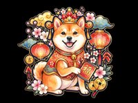 Cute Shiba Inu dog in traditional Chinese New Year outfit with lanterns, coins, and cherry blossoms, isolated on transparent background, ready for stickers and print on demand.