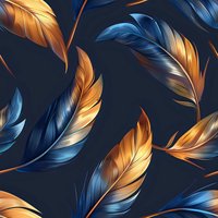 Seamless pattern with floating metallic blue and golden feathers on dark background. Luxurious repeating design for fabric, wallpaper and packaging.