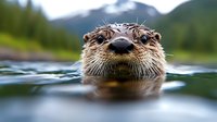Adorable river otter swimming in pristine mountain lake with snow-capped peaks in background. Cute aquatic mammal portrait for wildlife and nature content.