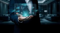 Businessman holding holographic interface displaying skills dashboard with charts and analytics in modern office environment for professional development.