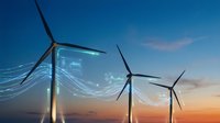 Wind turbines at sunset with glowing digital data overlays, representing smart energy monitoring and renewable technology innovation.