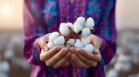 Young female hands in purple sweater gently holding fresh cotton flowers, showcasing natural raw cotton bolls against soft bokeh background, representing sustainability and organic textiles.