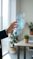 Businessman hands interacting with holographic digital interface displaying data analytics and charts in modern office environment for business technology.