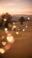 Romantic heart-shaped bokeh lights floating over blurred countryside landscape at golden hour sunset for Valentine's Day and love concepts.