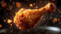 Crispy fried chicken drumstick floating in dark space with golden bokeh lights and oil splashes, dramatic food photography on black background.
