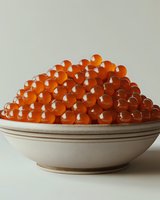 Fresh red caviar in ceramic bowl on light background, luxury seafood delicacy close up view. Gourmet appetizer for fine dining and celebrations.