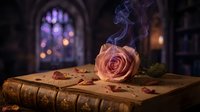 Dried rose with smoke resting on antique book in gothic library setting, conveying mystery and nostalgia for dark fantasy, literature, and vintage aesthetic designs.