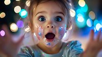 Young girl with glitter face paint and wide-eyed expression of wonder against blurred holiday lights background, capturing pure childhood joy and magical moment.
