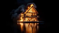 Modern lakeside house engulfed in flames at night with dramatic reflection on dark water surface, smoke billowing against black sky creating atmospheric scene.