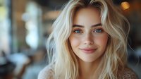 Young woman with blonde wavy hair and bright blue eyes smiling warmly at camera. Natural makeup and beige knit sweater create casual, friendly atmosphere. Soft bokeh background.