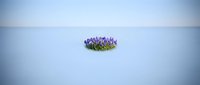 Minimalist seascape with small rocky island covered in purple wildflowers emerging from calm blue ocean waters under soft overcast sky for meditation concepts.