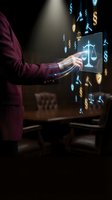 Businessman using digital tablet with holographic justice scales and legal symbols floating around in modern office environment for law technology concepts.