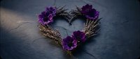 Heart-shaped wreath made of twigs decorated with purple flowers on dark slate background for romantic decor and wedding design projects.