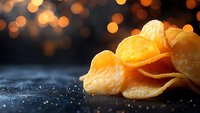 Crispy potato chips with salt scattered on dark background with golden bokeh lights creating festive atmosphere. Macro food photography.