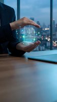 Businessman hands protecting glowing legal document hologram with scales of justice icon in modern office for law firm and attorney services.