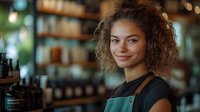Young mixed-race female barista with curly hair smiling in cafe environment with blurred bottles and shelves in background.