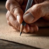 Senior craftsman hands holding wooden pencil marking measurement on rough lumber surface for precision woodworking project.