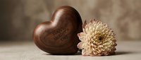 Wooden heart with engraved text beside blooming chrysanthemum flower on neutral background for romantic greeting cards and love-themed designs.