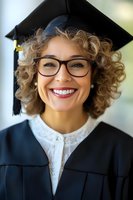 Young Caucasian woman with curly blonde hair and glasses wearing graduation cap and gown smiles brightly during commencement ceremony. Academic achievement portrait.