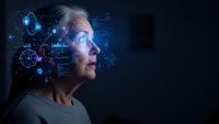 Middle-aged Caucasian woman in profile with futuristic holographic interface projections around her head showing digital data and technology elements.