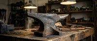 Traditional blacksmith anvil on wooden workbench in authentic forge workshop with vintage tools and warm lighting for metalworking crafts.