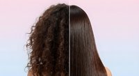 Hair transformation before and after straightening treatment showing curly to smooth straight brunette hair comparison for salon beauty services.