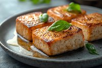 Pan-seared tofu blocks with golden caramelized surface and fresh basil garnish on ceramic plate. Vegan protein main course for healthy cooking and plant-based dining.