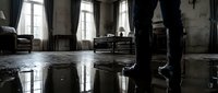 Person in rubber boots standing in flooded living room with water covering the floor, reflecting windows and furniture after disaster.