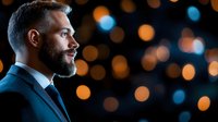 Middle-aged Caucasian male professional with beard wearing dark business suit in profile against blurred bokeh lights, suitable for corporate, leadership, and business concept projects.