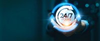 Businessman touching glowing 24/7 hours service icon on dark blue background. Round the clock customer support and availability concept.