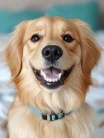 Smiling golden retriever dog with bright eyes and turquoise collar against blurred background, showing friendly expression and white teeth in close-up portrait.