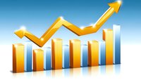 Growing business graph with golden arrow showing upward trend on blue background, illustrating financial success and market growth statistics.
