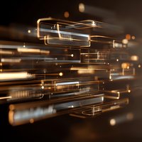 Abstract golden light trails with transparent geometric shapes creating futuristic technology concept on dark background.