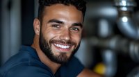 Young Hispanic man with beard and bright smile wearing blue shirt, looking confidently at camera in professional indoor setting. Natural lighting highlights genuine expression.