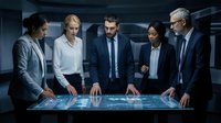 Diverse business team analyzing data on futuristic holographic display in modern corporate meeting room for strategic planning and decision making.